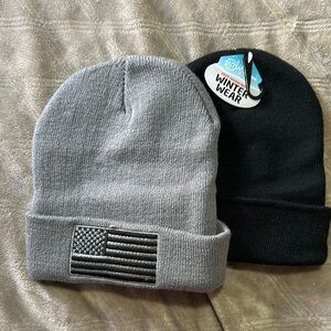NWT Gray and Black Beanies 1 gray beanie with Flag Patch